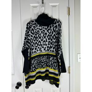 Joseph A Womens Leopard Print Turtleneck Poncho Sweater With Yellow Stripe Size